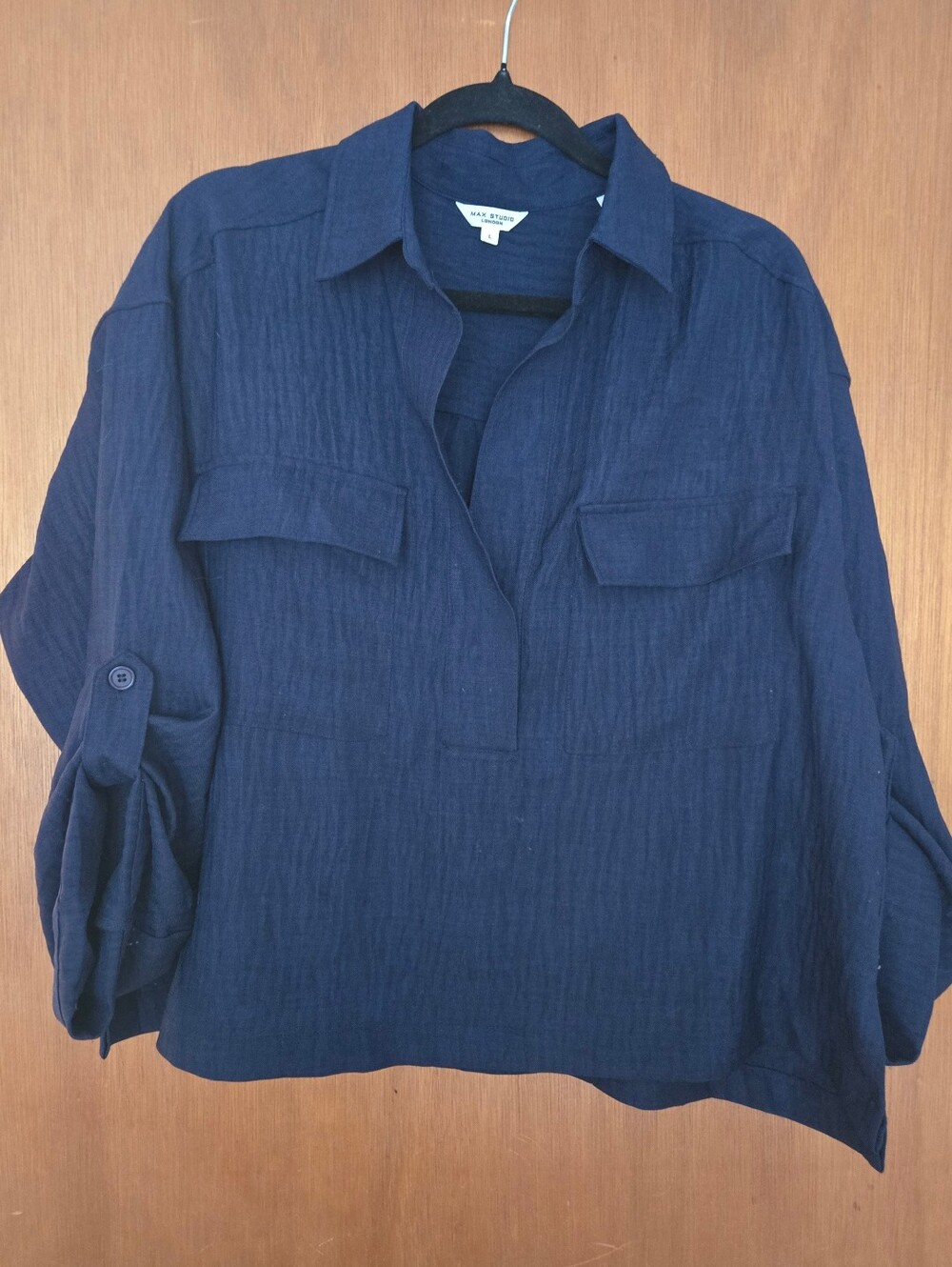 Max Studio Navy Textured Button-Front Utility Style Blouse